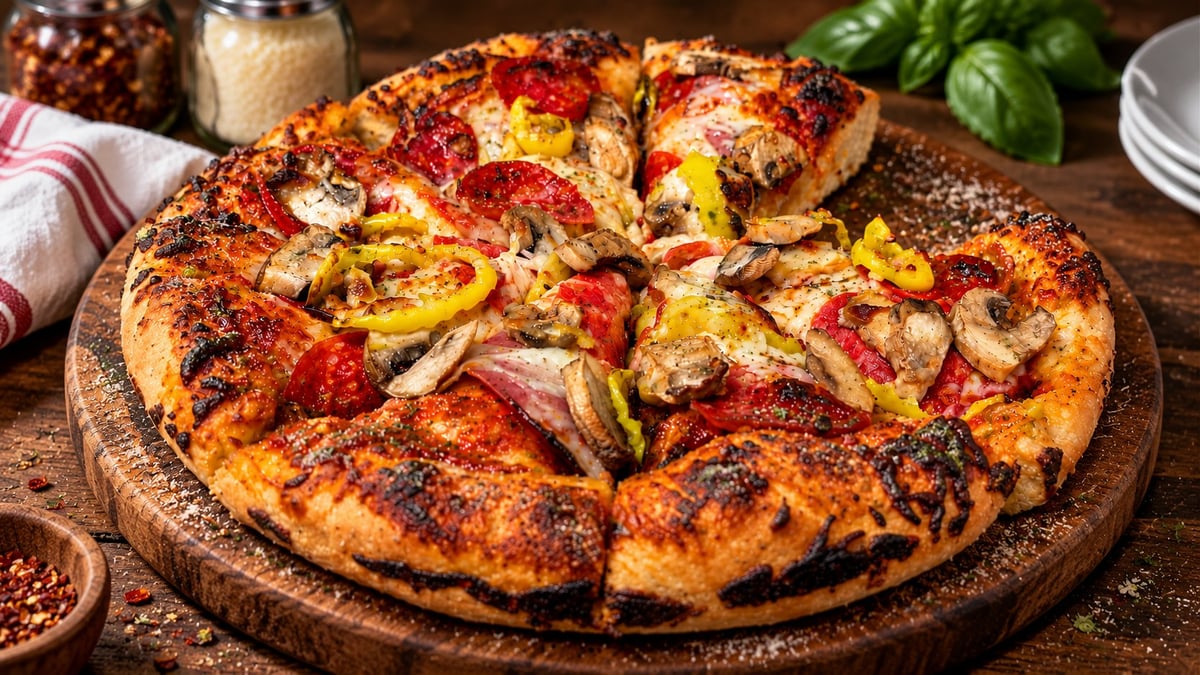 Freshly baked pizza on wooden board with melted cheese, pepperoni, and vegetables, garnished with fresh basil