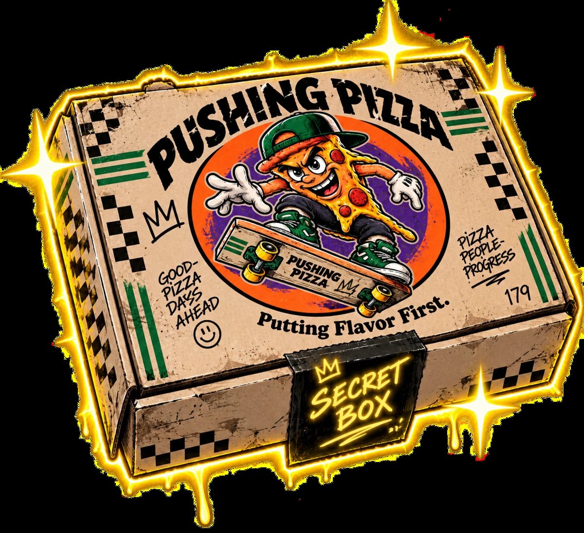 Pushing Pizza secret box logo with cartoon character on skateboard, glowing gold border